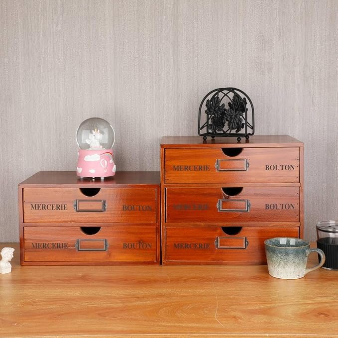 Large Wooden Drawers Wooden Box with Drawer Brown | 3 Drawer Storage Box for Apothecary Cabinet, Apothecary Drawers，Desktop Organizer with Metal Handles for Office，Home