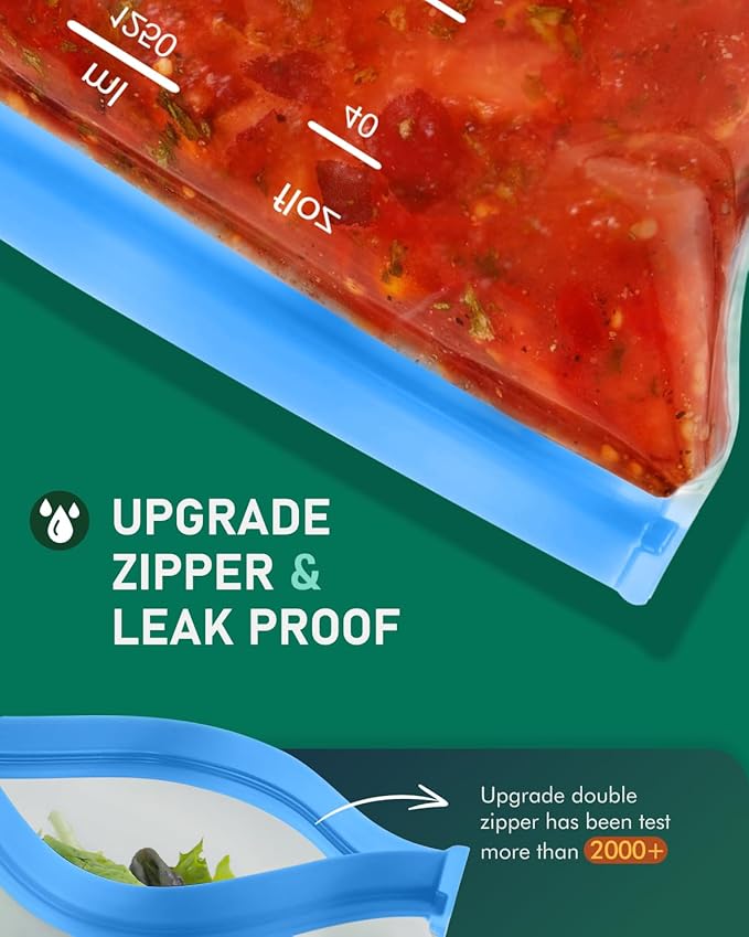 IDEATECH 10 Pack Reusable Quart Freezer Bags, Stand-Up Food Storage Bags | Leakproof, Dishwasher Safe, Stand-Up, BPA-Free Food Grade, Medium Size with Measurement Marks for Lunch, Snacks & Meal Prep