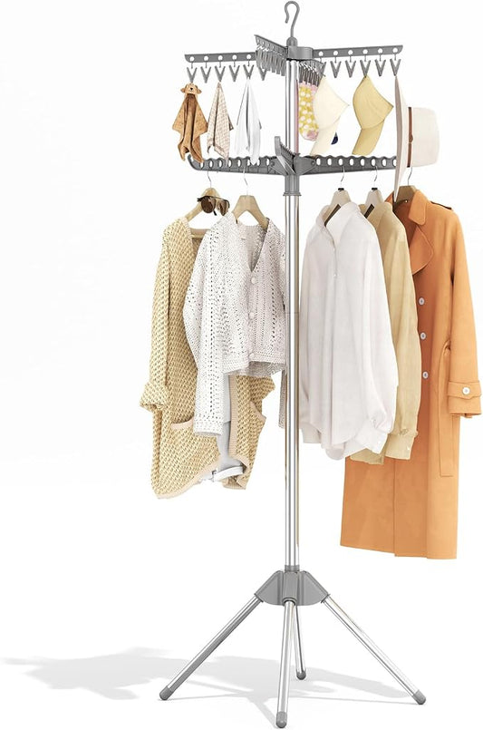 KINGBOARD 2-Tier Clothes Drying Rack, 72" H Drying Rack, 7 Rotatable Arms | 360° Rotatable Arms, 27 Hanger Holes, 24 Clips, Stainless Steel, Tool-Free Setup, Portable for Travel & Home, 30lbs Hold