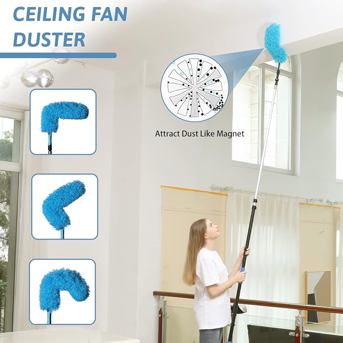 MAYKI 20 Foot High Reach Dusters for Cleaning 5 PCS, Ceiling Fan Dusters with Extension Pole, Cobweb Duster with Extension Pole for High Ceilings/Fans, 2 in 1 Window Squeegee Duster