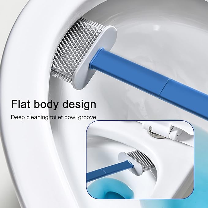 Toilet Brush and Holder Set 3 in 1 (Round Silicone Brush + Flat Silicone Brush + Slit Brush) Toilet Bowl Brush Clean Every Corner of The Toilet, Compact Size Toilet Brushes (Blue)