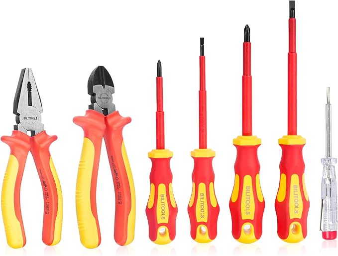 BILITOOLS 1000V Insulated Electrician Screwdriver & Pliers Set - 7pcs Electrical Tools Kit with Magnetic Phillips, Slotted Screwdrivers, VDE & GS Certified