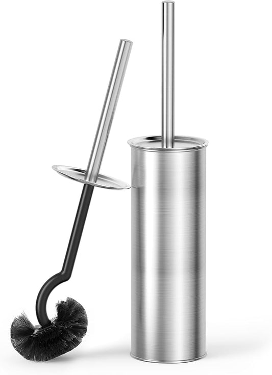 Cesun Toilet Brush and Holder Set with 2 Brush Heads, Curved Toilet Bowl Brush for Under Rim Cleaning, 304 Stainless Steel Holder, Long Handle Toilet Scrubber, Silver