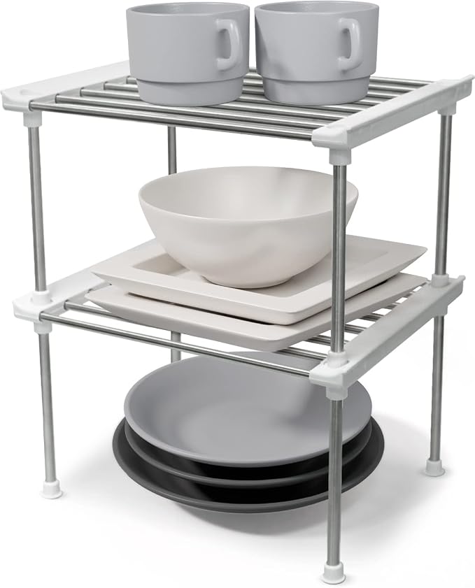 carrotez Set of 2 Stackable Cabinet Organizer Shelf 9.8 x 7.8 x 6.1 White | Kitchen Counter Shelves, Kitchen Cabinet Organizers and Storage, Pantry Storage Shelf Organizer