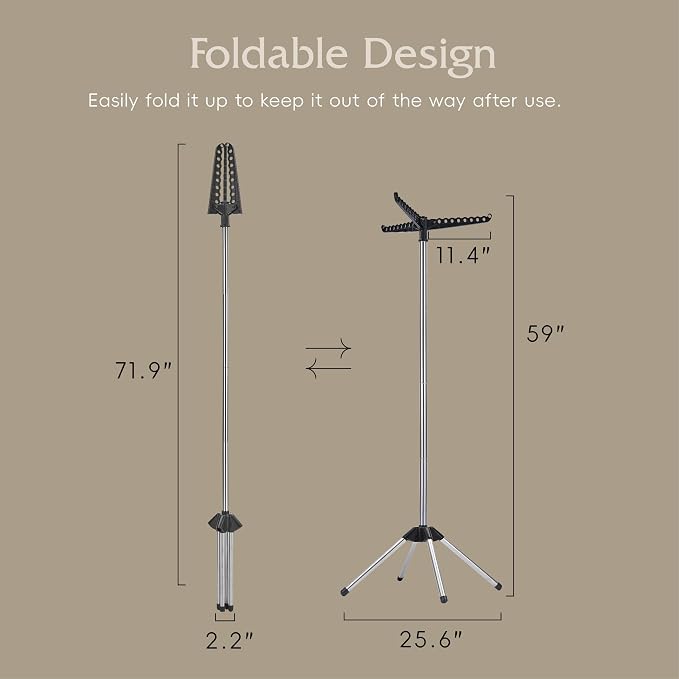 Beaudaily Clothes Drying Rack, Foldable Laundry Drying Rack, Indoor 59-Inch Drying Rack Clothing with 3 Rotatable Arms, Stainless Steel, Holds 27 Pieces, Space Saving, Portable, Black and Silver
