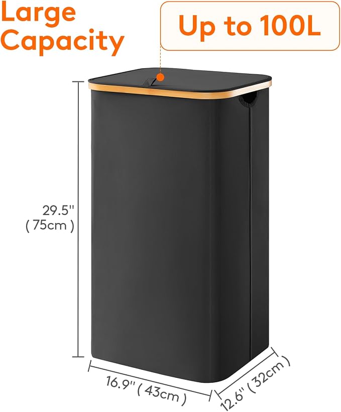Lifewit 100L Laundry Basket with Lid, Clothes Hampers for Laundry with Bamboo Handles and 1 Removable Bag, Large Foldable Laundry Hamper for Bedroom, Bathroom, Dorm, Laundry Room, Black