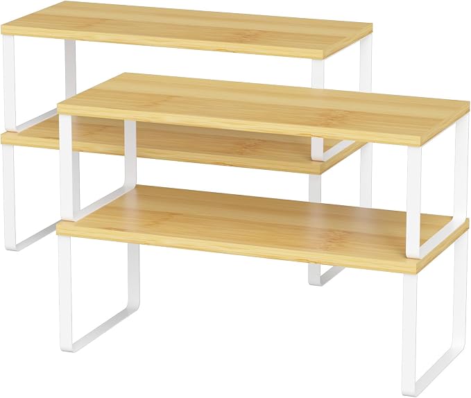 NEX Kitchen Cabinet and Counter Shelf Organizer, Stackable & Expandable, Set of 4, White and Natural - 7.7 x 15.6 x 6.2'' | Stackable Expandable Spice Rack, Pantry Organizers Space-Saving, Bathroom Countertop Storage, White and Natural