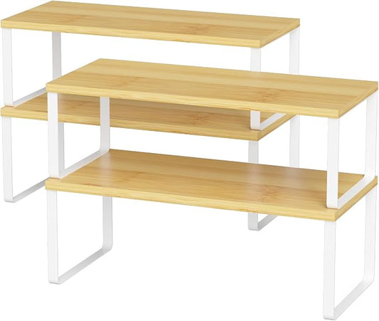 NEX Kitchen Cabinet and Counter Shelf Organizer, Stackable & Expandable, Set of 4, White and Natural - 7.7 x 15.6 x 6.2'' | Stackable Expandable Spice Rack, Pantry Organizers Space-Saving, Bathroom Countertop Storage, White and Natural