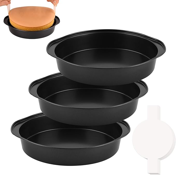 HUAKENER 3 Pcs 8 Inch Round Cake Pans with 100 Pieces Parchment Paper | Carbon Steel Cake Pans, Non-stick Cake Baking Pans with Handle, Dishwasher Safe