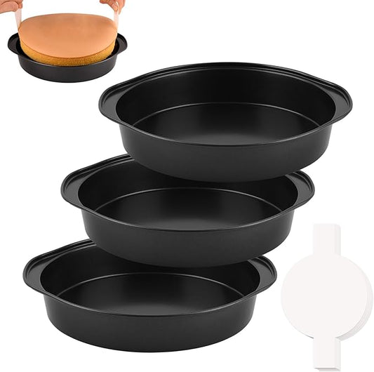 HUAKENER 3 Pcs 8 Inch Round Cake Pans with 100 Pieces Parchment Paper | Carbon Steel Cake Pans, Non-stick Cake Baking Pans with Handle, Dishwasher Safe