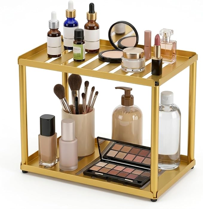 2 Tier Bathroom Counter Organizer, Rectangular Vanity Organizer Shelf, Skincare and Makeup Countertop Storage Rack for Kitchen, Bathroom, Bedroom (Gold)