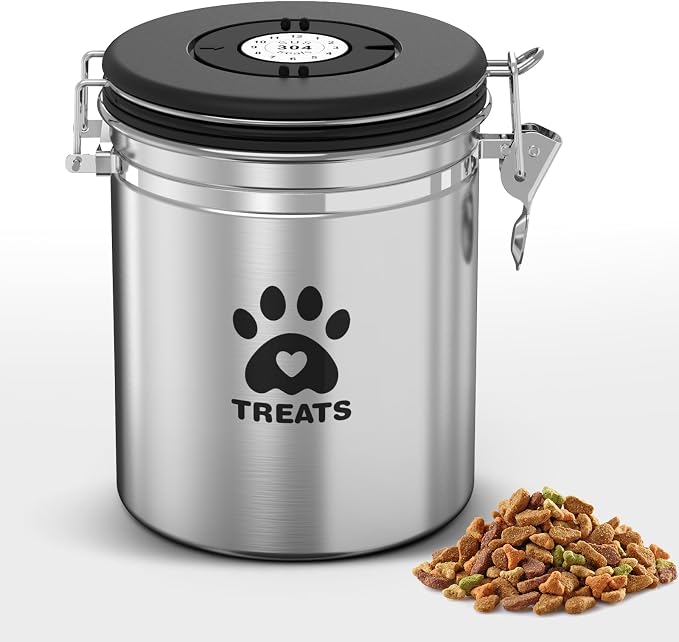 ENONCI Dog Treat Container Airtight,5.9"x4.7" Stainless Steel Cat Treat Jar for Kitchen Counter with Scoop, Pet Storage for Fresh Dog Cookie