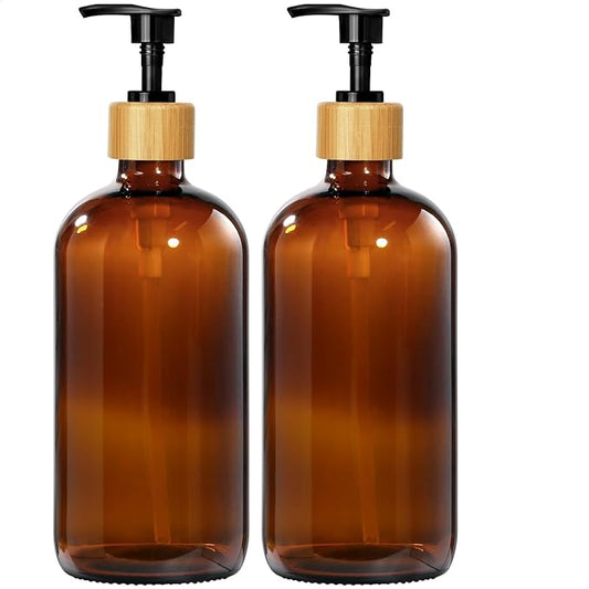 GMISUN Amber Glass Soap Dispenser, 2 Pack Bathroom Hand Soap Dispensers with Bamboo Pump, 17 Fl Oz Kitchen Hand and Dish Soap Dispenser Set, Modern Vintage Liquid Brown Soap Dispensers Bottle