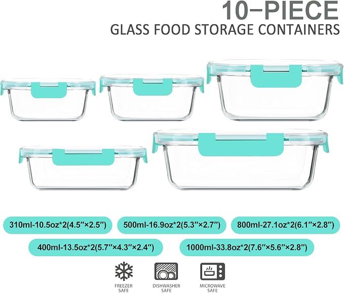 M MCIRCO 10-Pack Glass Food Storage Container with Lids, Airtight Lunch Bento Boxes, Glass Meal Prep Container,Microwave, Oven, Freezer and Dishwasher Friendly, Green