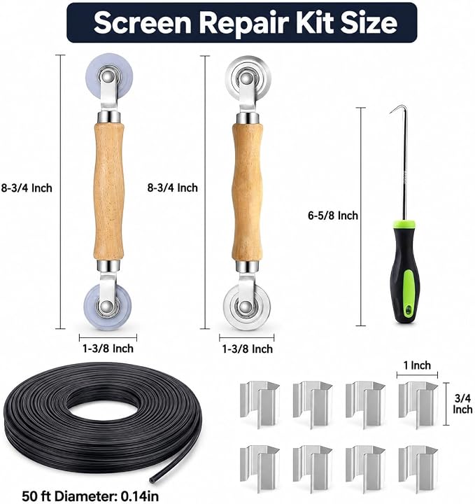 King&Charles Window Screen Replacement, 6in1 Window Screen Door Repair Kit | 48"x118" Black Screen Mesh, Steel&Nylon Bearing Roller, 0.14in x 50ft Spline, 8 Clips & Hook for Windows, Doors, Patio & RV