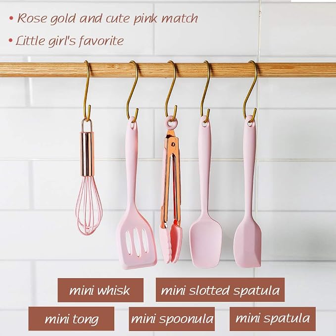 Collfa Rose Gold And Pink Kitchen Utensil Small Five-Piece Set Mini Silicone Kids Kitchen Tools Whisk Spatula Tongs Spoon And Slotted Spatula(Kids Baking Supplies)