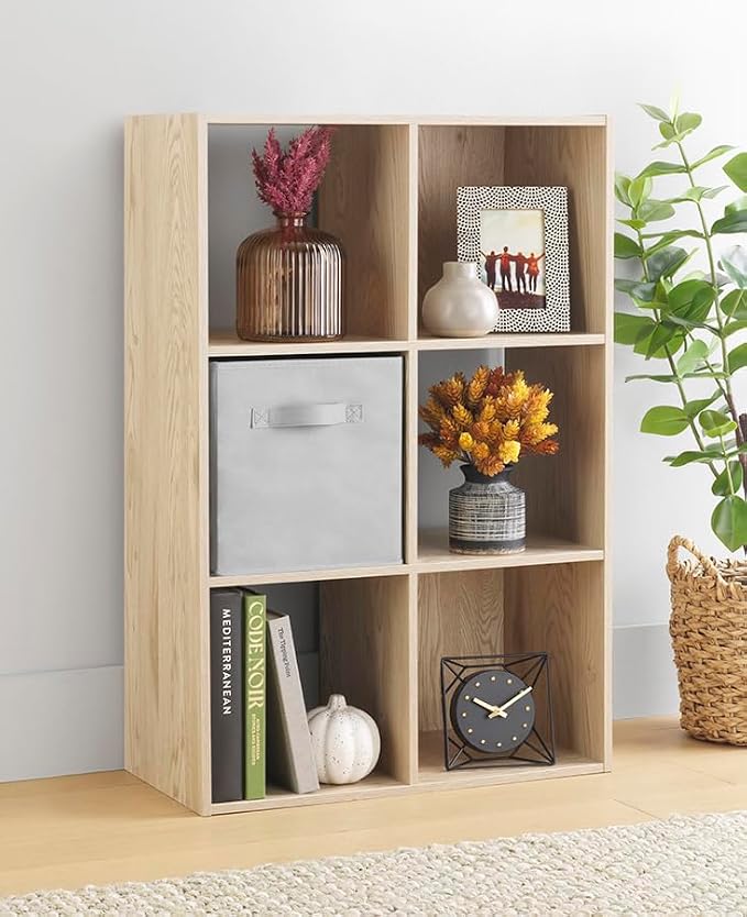 Whitmor 6 Cube Bookcase Storage Organizer, 3 Tier Stackable MDF Bookshelf, Open Storage Display Shelf, Storage Cabinet for Living Room, Bedroom, Home, Office, 23.9" L x 11.7" W x 35.5" H, Sonoma Oak