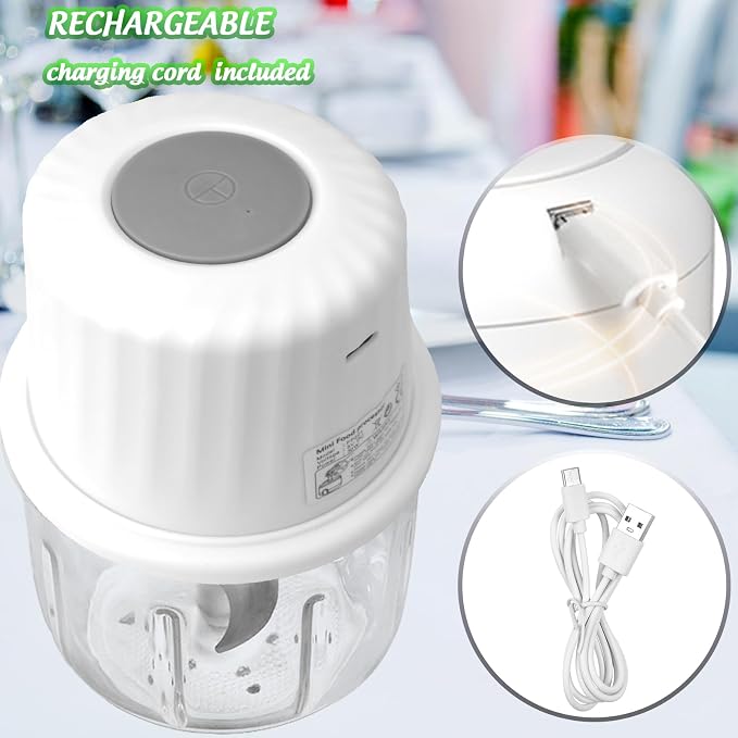 Mini Electric Garlic Chopper 300ML GLASS Food Processor Cordless | Type-C Rechargeable Mincer Chopper for Vegetables Puree, 6 Blades, BPA Free, with Scraper Splash Guard Charging Cord