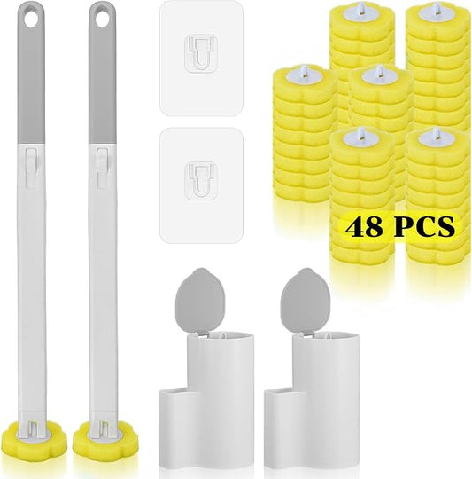 2 Pack Disposable Toilet Brush and Holder Set, Extended Handle Toilet Bowl Cleaner Wand with 48 Refills Replacement Heads Pads Bathroom Maintenance Bathtub Stick Cleaning System Starter Kit