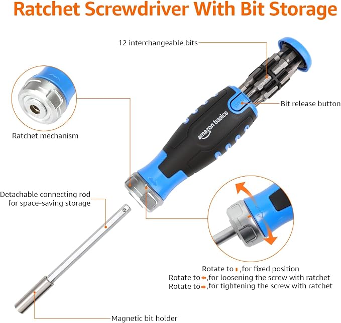 Amazon Basics 12-in-1 Ratcheting Magnetic Screwdriver Set with Bit Storage in Handle, Portable Repair Tool Kit, Security Torx, Phillips, Flat, Hex, Torx, Black, Blue, Silver