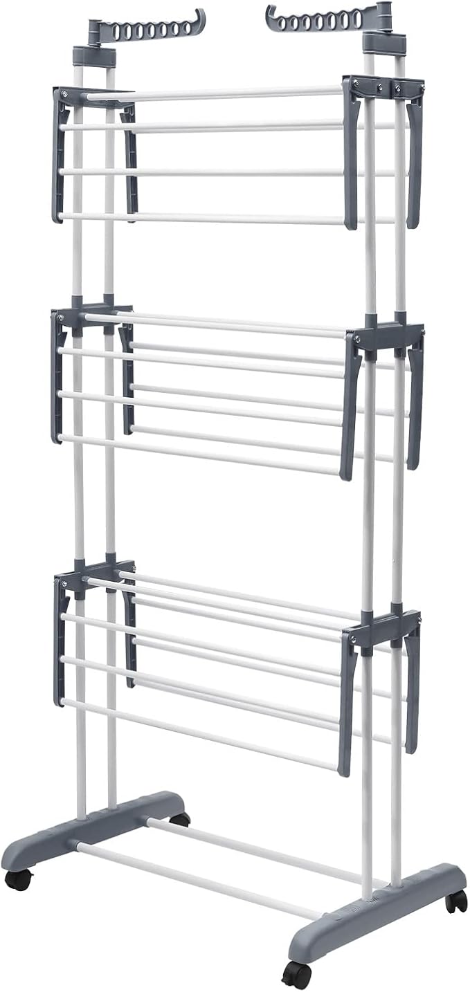 Clothes Drying Rack, 4-Tier Foldable Stainless Steel Drying Rack, Movable Laundry Drying Rack with 4 Casters (2 with Brakes), Heavy-Duty Drying Rack for Indoor Outdoor Use, Balcony, Patio, Bathroom