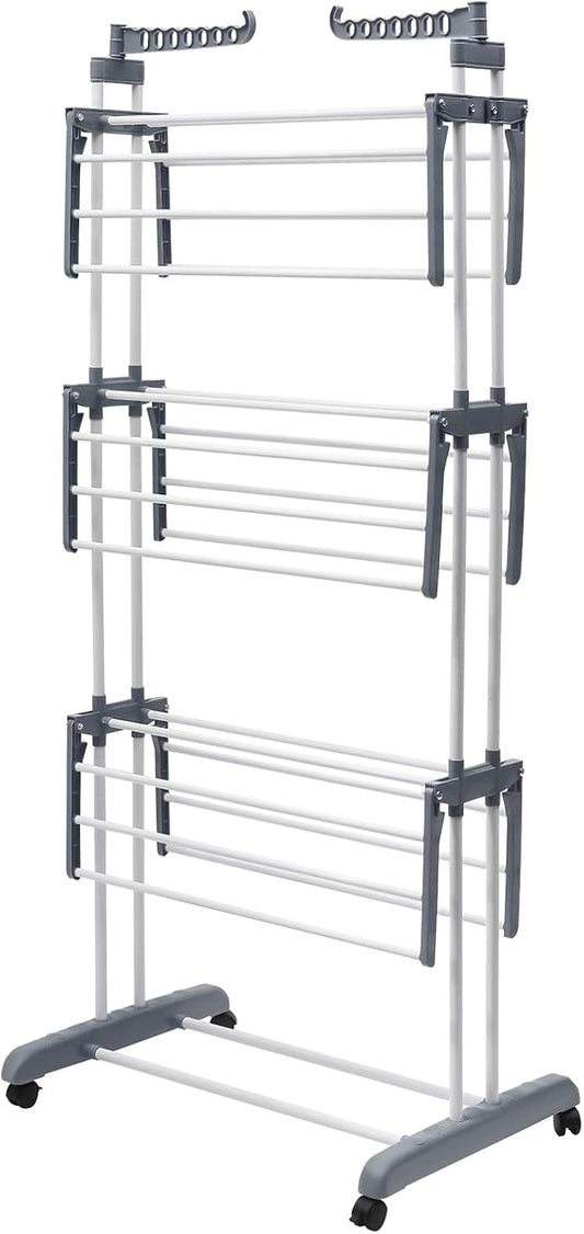 Clothes Drying Rack, 4-Tier Foldable Stainless Steel Drying Rack, Movable Laundry Drying Rack with 4 Casters (2 with Brakes), Heavy-Duty Drying Rack for Indoor Outdoor Use, Balcony, Patio, Bathroom