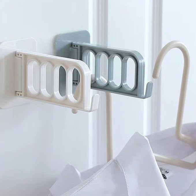 Wall Mount Coat Hanger Holder, 4 Hole Folding Clothes Hanger Clothes Drying Organizer Rack Garment Hooks Rotatable Adhesive Clothes Drying Rack No Drilling for Laundry Room Bedroom, White