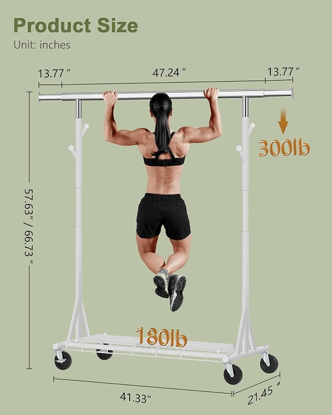 Hoctieon 1-Minute Assembly Clothes Rack, 480 lbs Heavy Duty Rolling Clothing Racks with Wheels, Foldable Garment Rack, Extendable Hanging Bar, Adjustable Metal Pole with Hooks, White