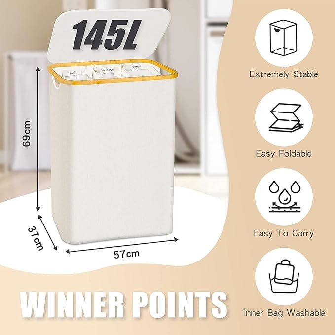 Hampers for Laundry Basket with Lid, 145L Large Laundry Hamper 3 Section | Dirty Clothes Hamper Separator with 3 Removable Bags & 5 Labels, Divided Laundry Organizer for Bedroom, Laundry Room, Beige