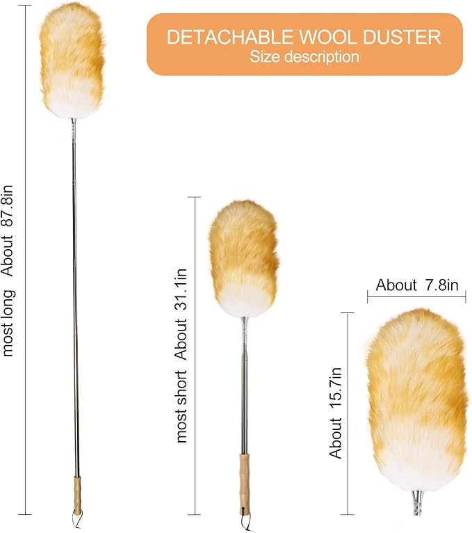 Extendable Lambswool Feather Duster 31-88 Inch, Anti-Static Wool Duster for Cleaning with Stainless Steel Pole - Ideal for High Ceilings, Fans, Interior & Roof (Yellow & White)