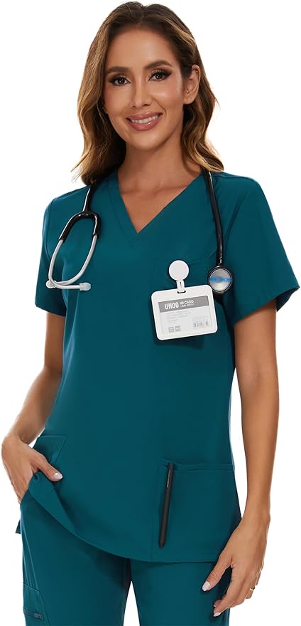 Scrubs Tops for Woman - Soft Stretch, V-Neck Tops | 3 Pockets, Side Split Design, Short Sleeve, Breathable & Lightweight Nursing Shirt, Easy-Care Fabric for All-Day Comfort