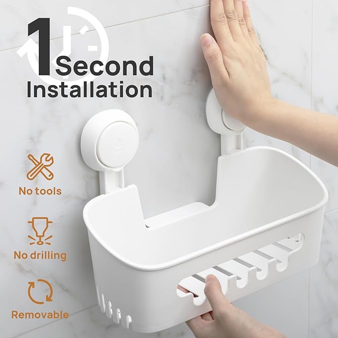 LEVERLOC Shower Caddy Suction Cup Set Shower Organizer & Soap Holder & Toothbrush Holder, Bathroom Shelf Basket NO-Drilling, Removable Suction Storage Waterproof Bathroom Caddy, White