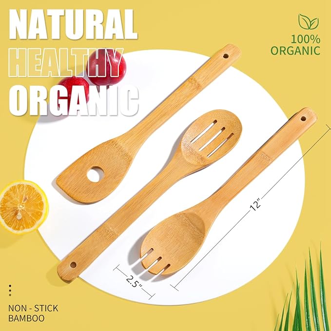 IOOLEEM Bamboo Wooden Spoons for Cooking 6 Pcs 12 Inch, Non-Stick Wooden Kitchen Utensils Set, Natural and Durable Wooden Spatula Spoons for Non-Stick Pan for Cooking