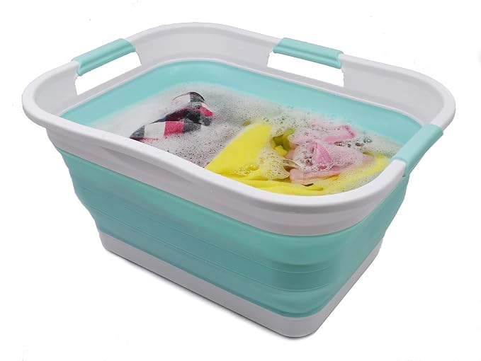 SAMMART 30L (8 gallon) Collapsible Plastic Laundry Basket - Foldable Pop Up Storage Container/Organizer - Portable Washing Tub - Water Capacity 24L(6.3 gallon) (1, White/Lake Green)
