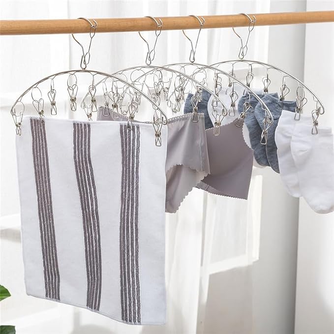 Stainless Steel Laundry Drying Rack Clothes Hanger with Windproof Hook,Underwear Hanger,Clothes Hangers with 8 Clips for Drying Socks,Diapers,Baby Clothes (3 Pack)