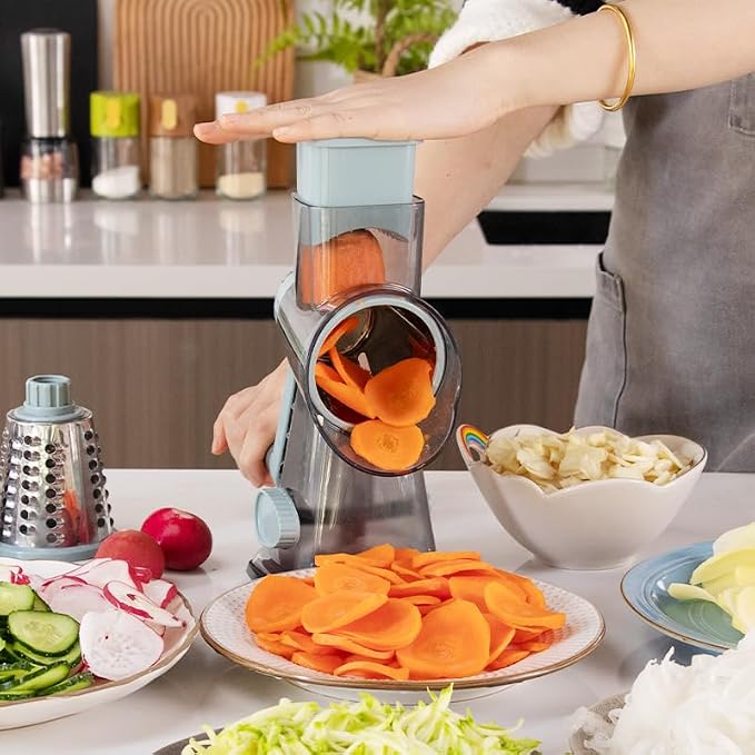 Cheese Grater Hand Crank Rotary Vegetables Shredder with Handle | 3-in-1 Graters, Interchangeable Blades, Non-slip Base, Multifunctional Slicer