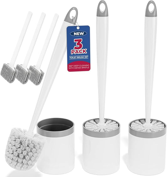 Holaloha Toilet Brush, 3 Pack Toilet Brush and Holder Set, Compact Bathroom Accessories for Toilet Bowl Cleaning and Space Saving, White