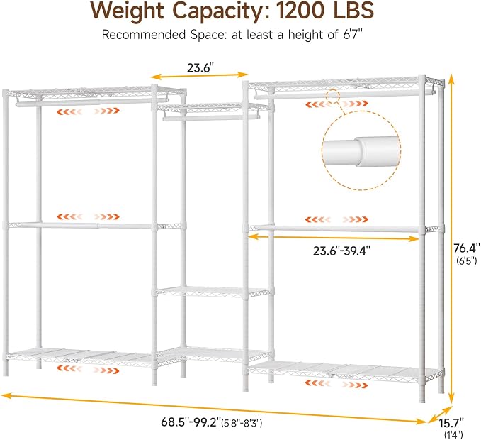 S3 Expandable Heavy Duty Clothes Rack, Freestanding Closet Organizer System | 5'8" to 8'3" Max Load 1200LBS Metal Garment Rack Portable Closet System with 4 Extendable Shelves & 4 Telescopic Rods White