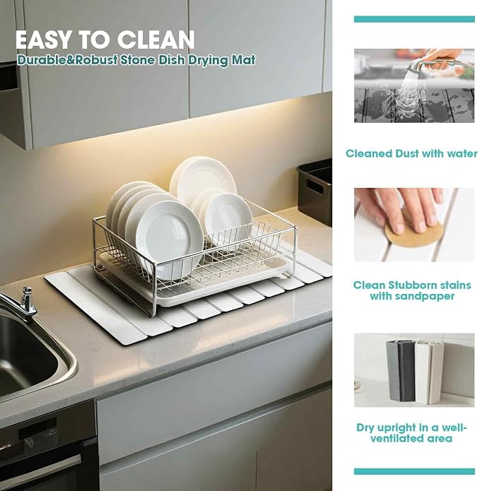 Dish Drying Mat Stone Bath Mat Diatomaceous Earth Stone Drying Mat For Kitchen Counter Sink Bath Mat Quick Dry Non Slip Foldable Dish Drying Rack Mat Large(24"×16" White)