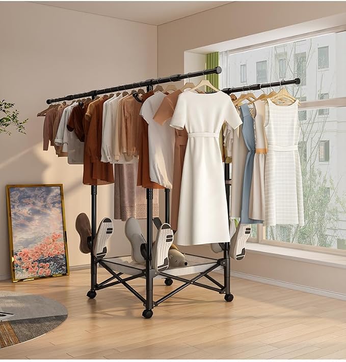 Foldable Collapsible Rolling Clothes Drying Rack,Adjustable Double Rods Laundry Airer(33.1–56.7"),Carbon Steel Pipe Standing Garment Rack for Indoor Outdoor Laundry Room (Black, A)