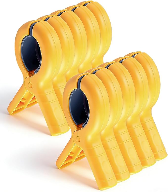10 Pack Beach Towel Clips Heavy Duty Large Beach Essentials Chair Pool Clip | Yellow Clips with Strong Grip, Silicone Protection, Rust Resistant Spring, Multi-Use for Beach, Boat, Cruise & Outdoors