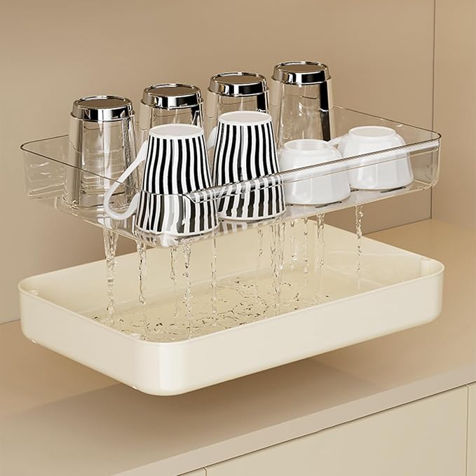 UFORU Countertop Coffee Station Organizer,Cup Rack,Mug & Wine Glass Holder | 2-Tier Cream White Mug Shelf with Removable Drain Tray,Bathroom Countertop Organizer,Spice Rack for Kitchen