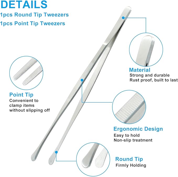 2Pcs Kitchen Tweezers Tongs, Cooking Tweezers, Chef Tweezers professional, Long Handle Food Tweezers, Stainless Steel Tweezers for Culinary, Bar, BBQ, Plating (12"Round Tip + 8"Point Tip Sets)