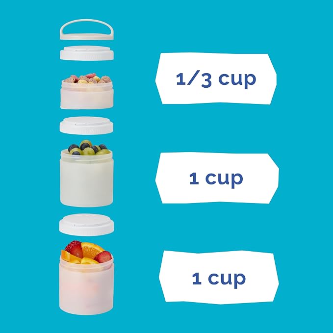 Whiskware Stackable Snack Containers for Kids and Toddlers, 3 Stackable Snack Cups for School and Travel, Tan/Blue/Blue