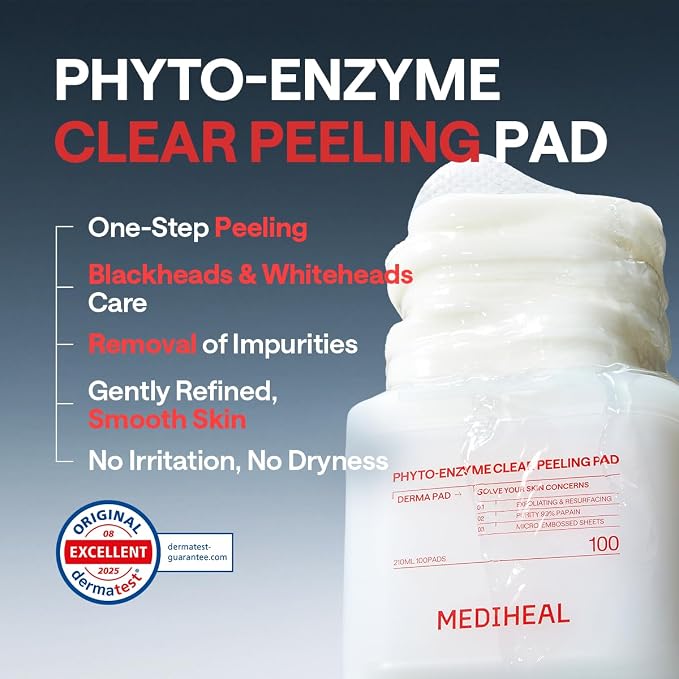 MEDIHEAL Phyto-Enzyme Clear Peeling Toner Pads, Exfoliation (100 Count) | with Enzyme & BHA+PHA Complex | for Pore Cleansing & Skin Renewal | Plastic-Free Vegan Pads | Korean Derma Toner Pads