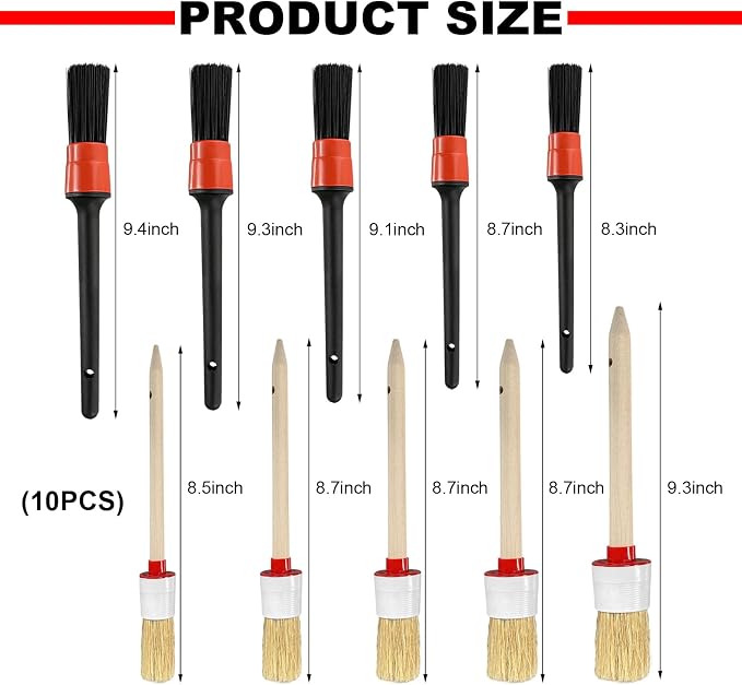 10PCS Car Detailing Brush Set, Auto Detail Dust Brushes with Premium Boar Hair & PP Bristles, Interior Exterior Cleaning Tool Mixed Hair Brush Kit for Air Vents, Seats, Wheels