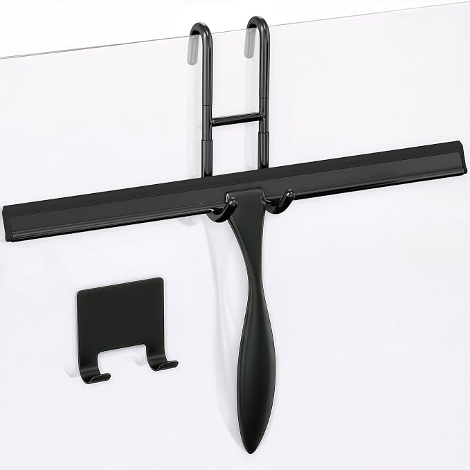 14 Inch Shower Door Squeegee - Black Shower Squeegee for Streak-Free Bathroom Glass - Stainless Steel Cleaner with Silicone Blade, Adhesive & Hanging Hooks for Mirror, Tile, Window, Car, Everyday Use