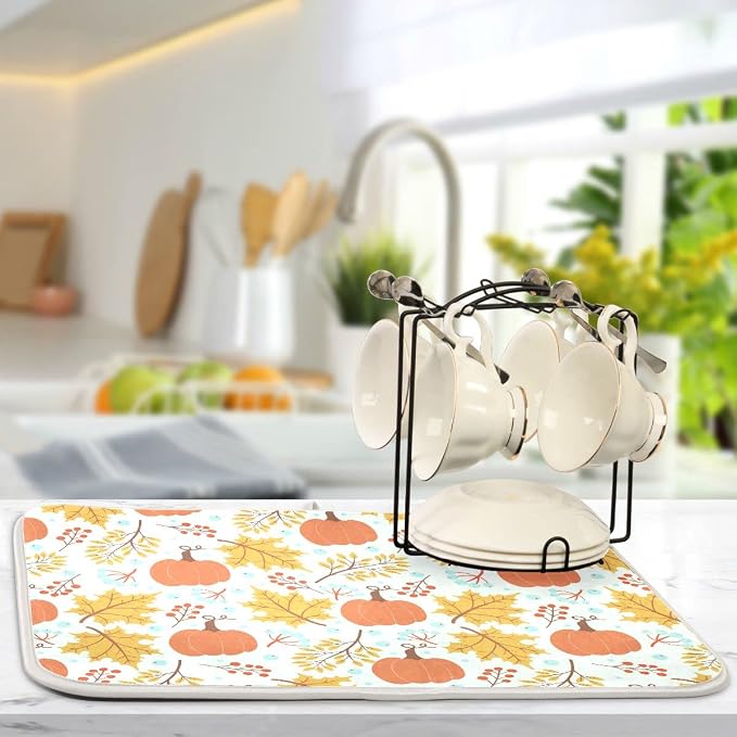 Fall Pumpkin Dish Drying Mat for Kitchen Autumn Maple Leaves Thanksgiving Day Microfiber Drying Mats Absorbent Reversible Dish Pad Large Dish Draining Mat 18x24 inch