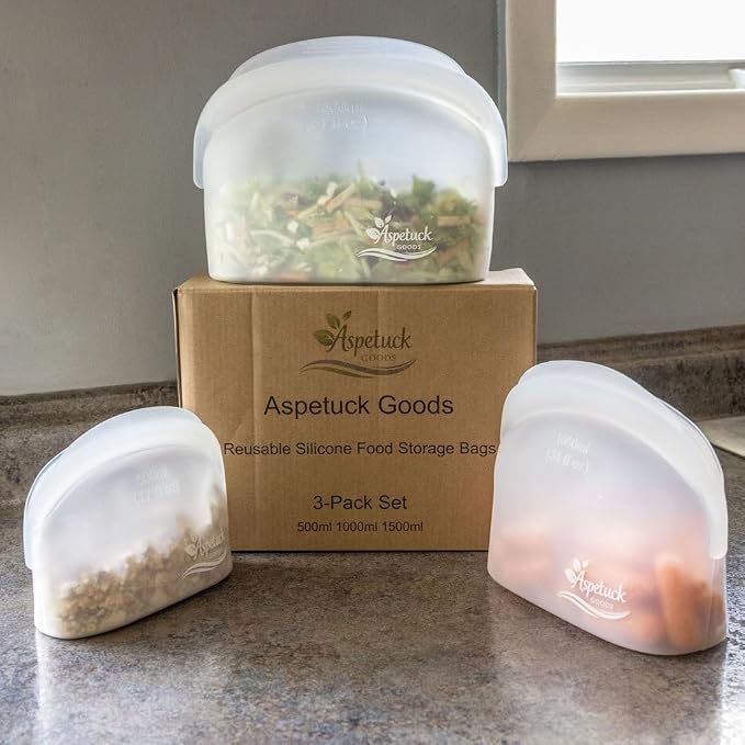 Reusable Silicone Food Storage Bags – 3 Pack (500ml / 1000ml / 1500ml) – Reinforced Double Seal – BPA Free – Freezer & Dishwasher Safe