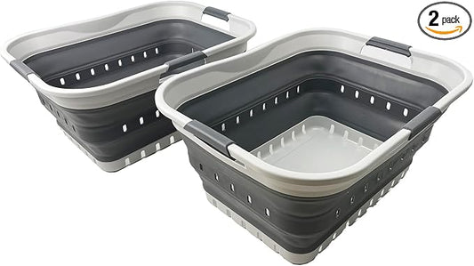 SAMMART 42L (11 gallon) Collapsible Plastic Laundry Basket - Foldable Pop Up Storage Container/Organizer - Portable Basket - Space Saving Hamper/Basket (2, Grey/Steel Grey)